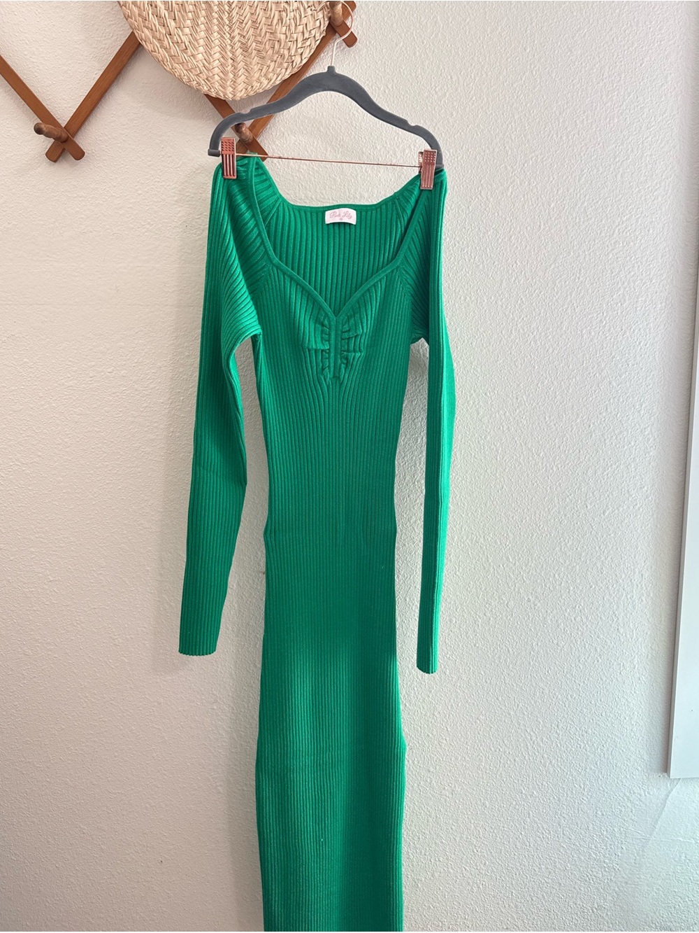 Pink Lily Emerald Green Ribbed Long Sleeve Dress
